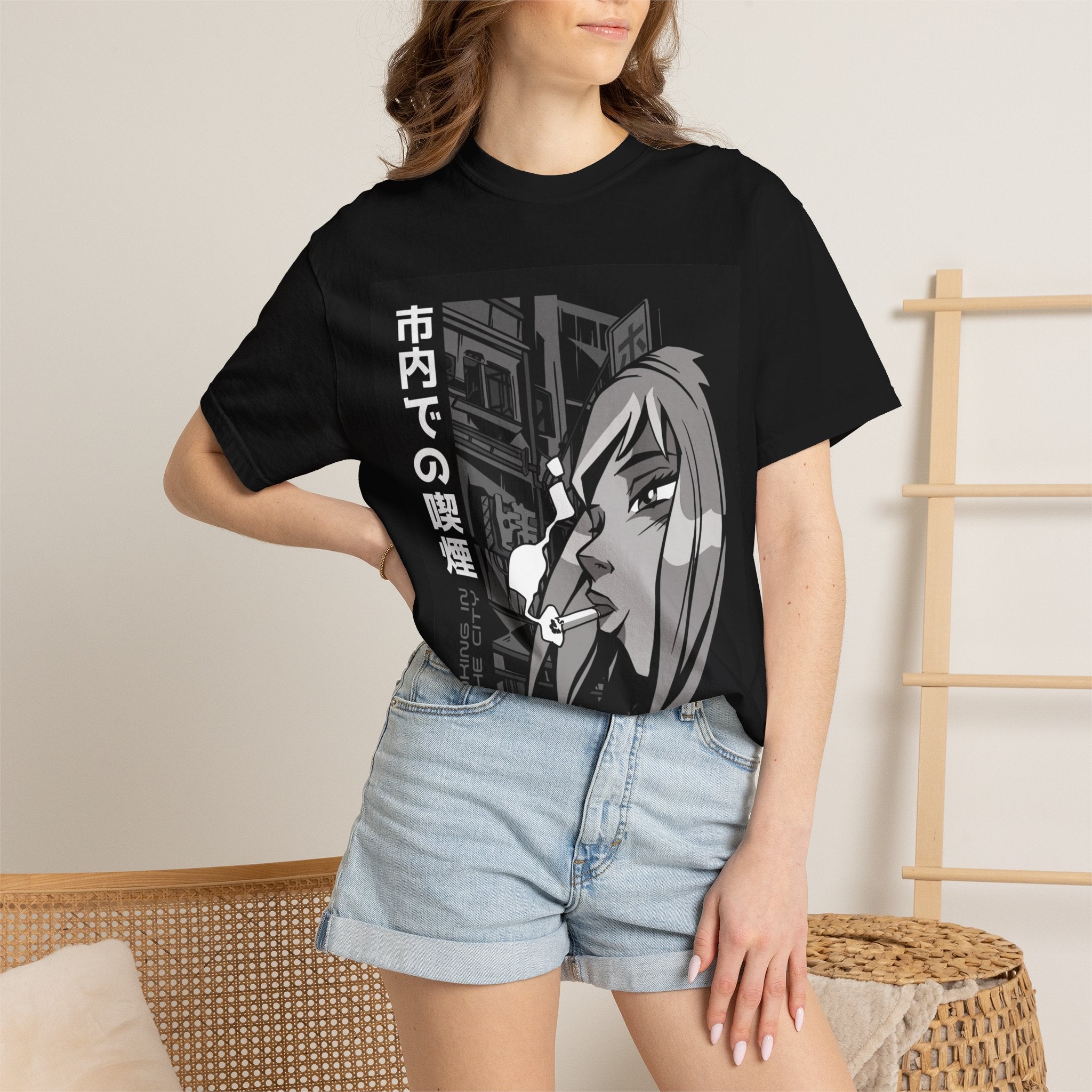 Anime Noir Smoking Girl T-Shirt — Japanese Cityscape Graphic Tee