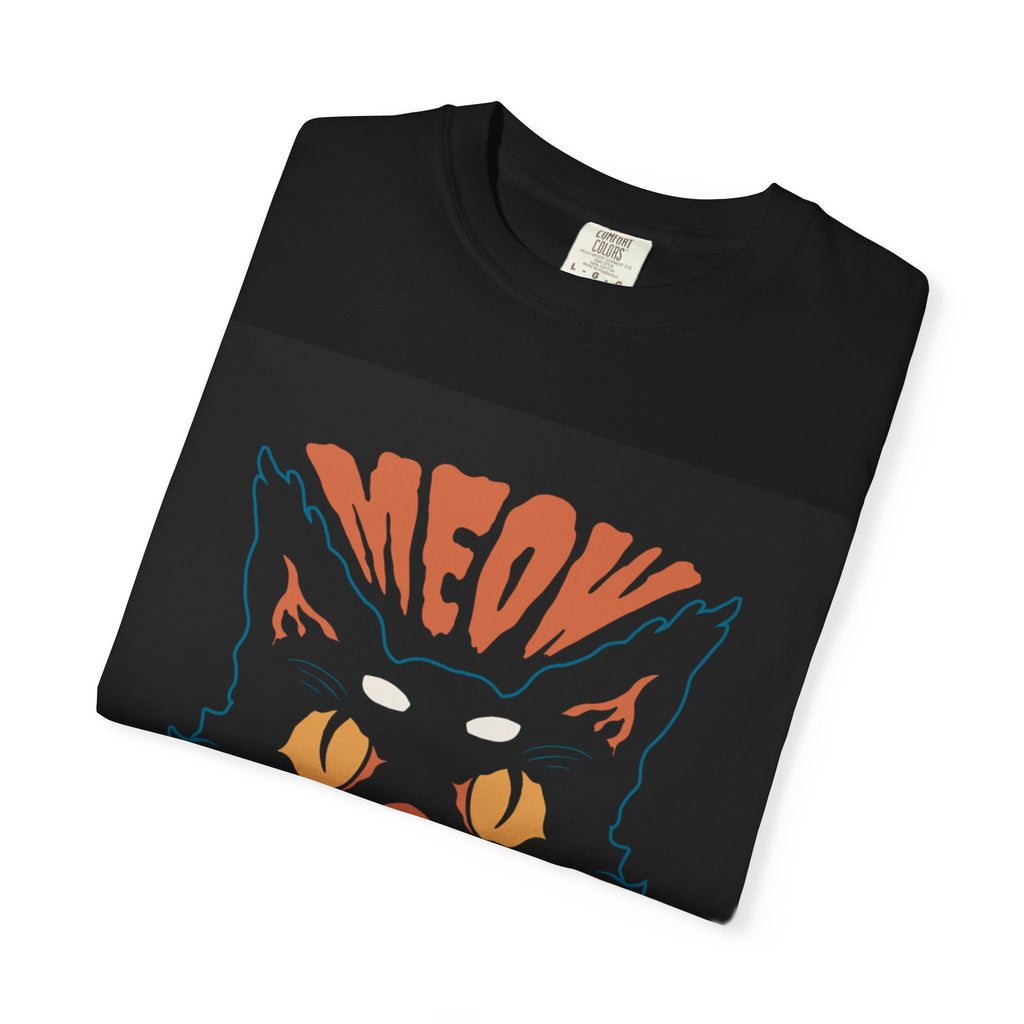 Astral Sound Cat Tee — 'MEOW' Retro Black Graphic T-Shirt