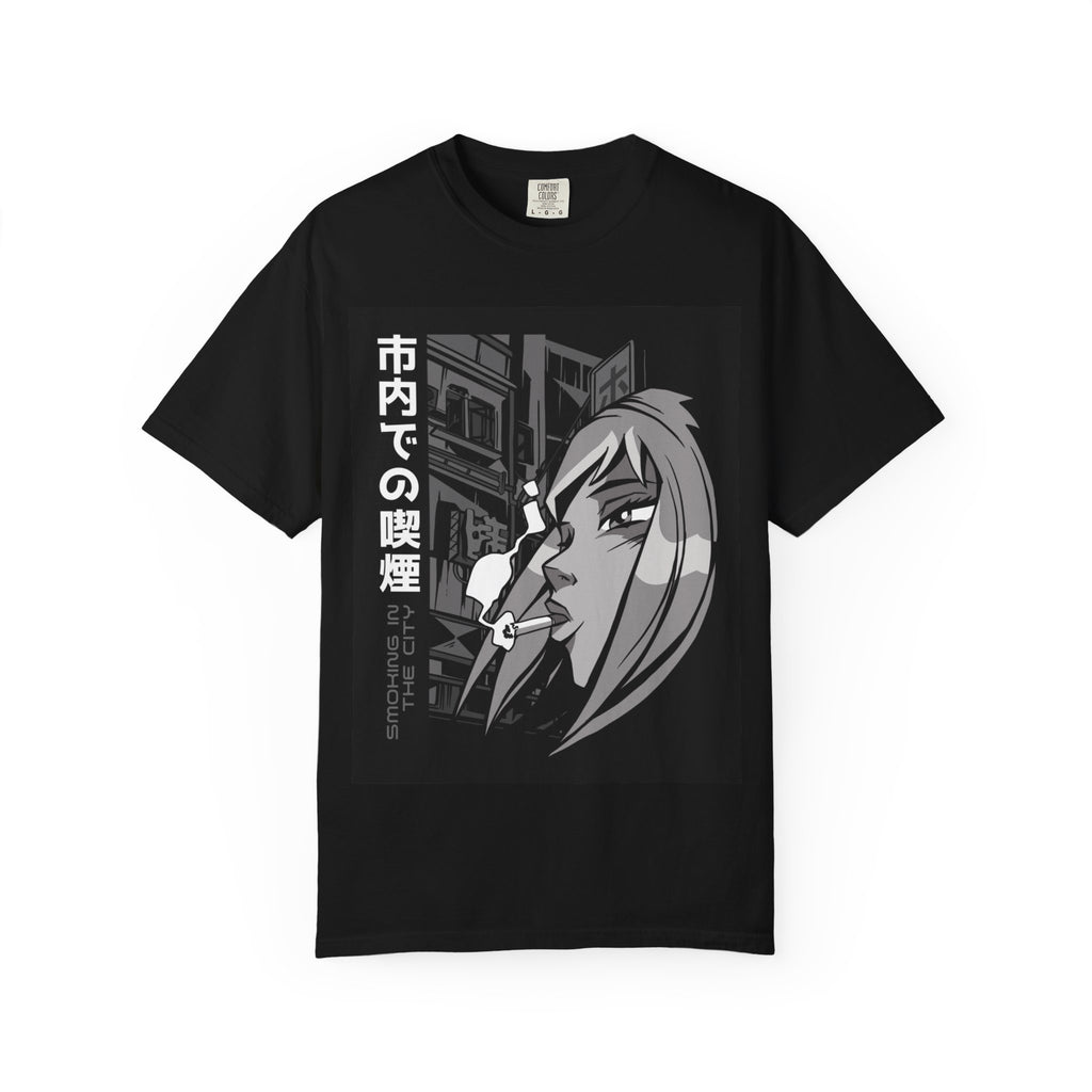 Anime Noir Smoking Girl T-Shirt — Japanese Cityscape Graphic Tee
