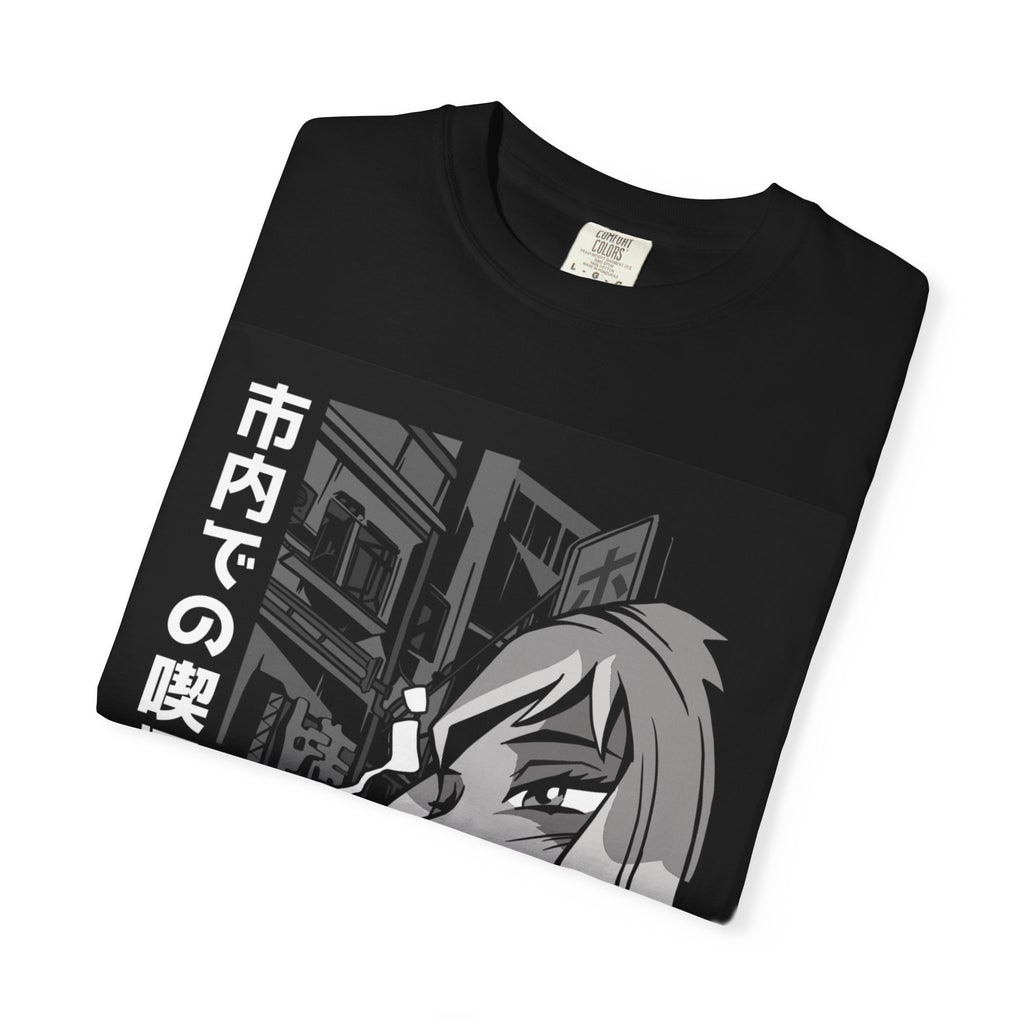 Anime Noir Smoking Girl T-Shirt — Japanese Cityscape Graphic Tee