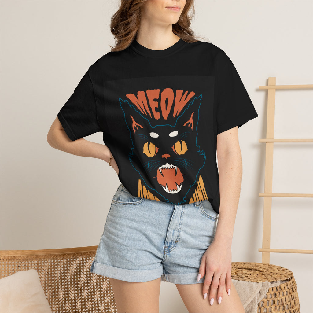 Astral Sound Cat Tee — 'MEOW' Retro Black Graphic T-Shirt