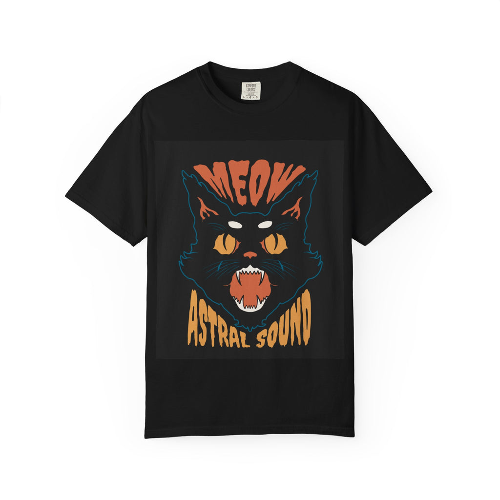 Astral Sound Cat Tee — 'MEOW' Retro Black Graphic T-Shirt
