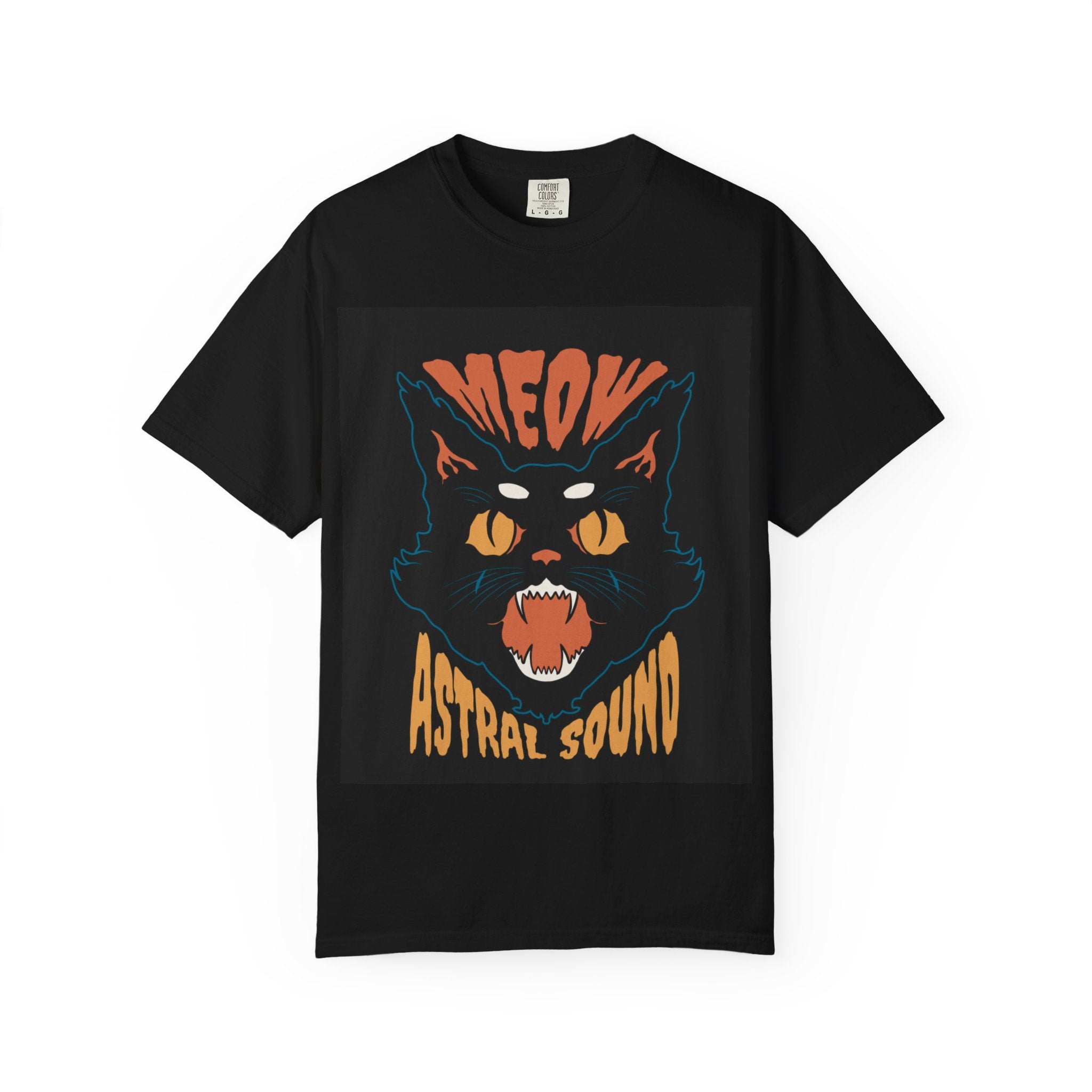 Astral Sound Cat Tee — 'MEOW' Retro Black Graphic T-Shirt